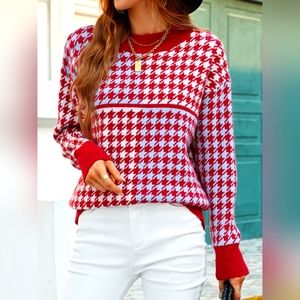 Women's Wine Color Houndstooth Round Neck Dropped Shoulder Long Sleeve Sweater